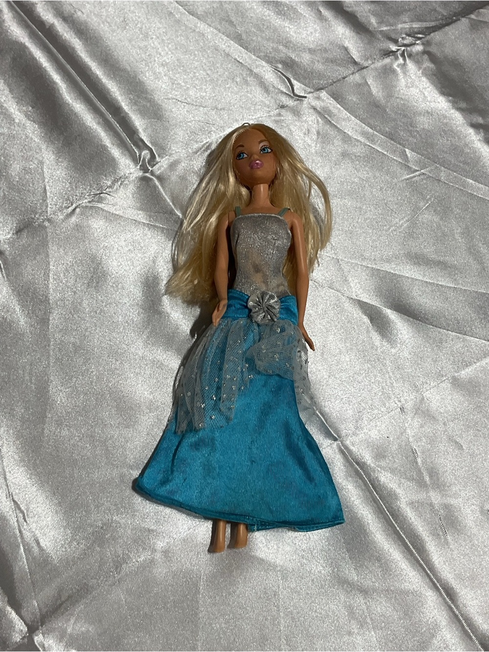 Blue and Silver Doll Gown on Blonde Fashion Doll